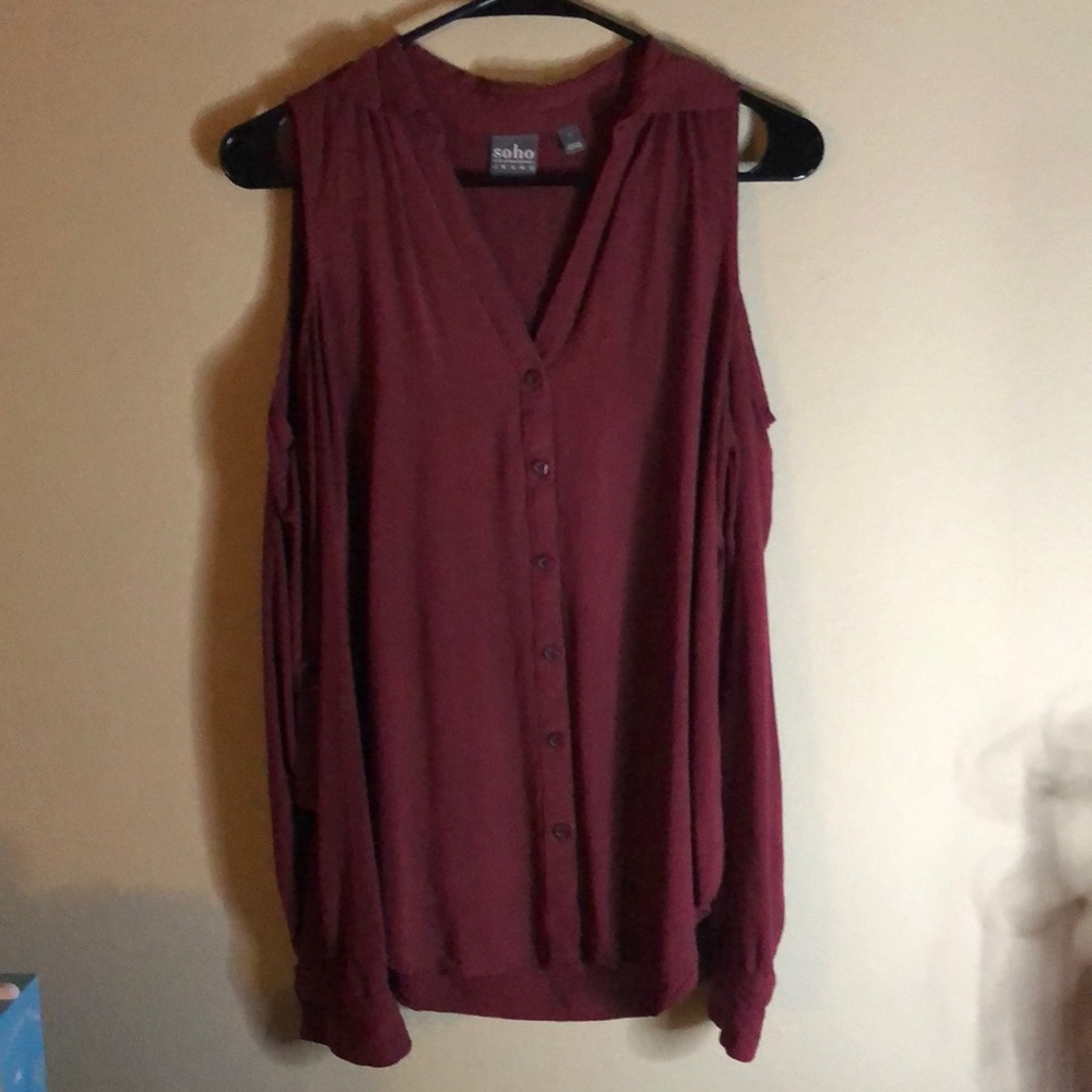 Burgundy cut out shoulder blouse